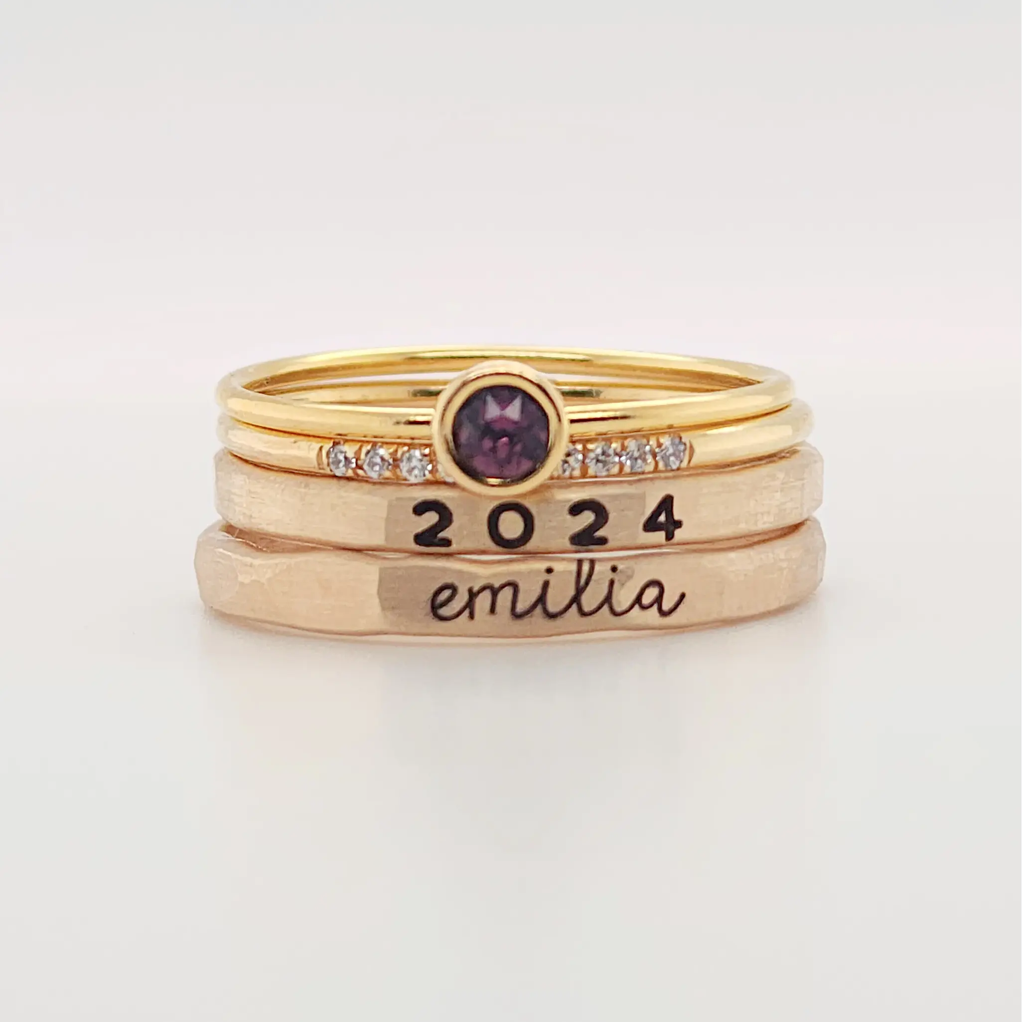 Going Golden Modern Class Stacking Ring Set 14K Yellow Gold Filled Personalized Cursive Name Year CZ Stone Rings for Women Graduation Gift 2024 Emilia