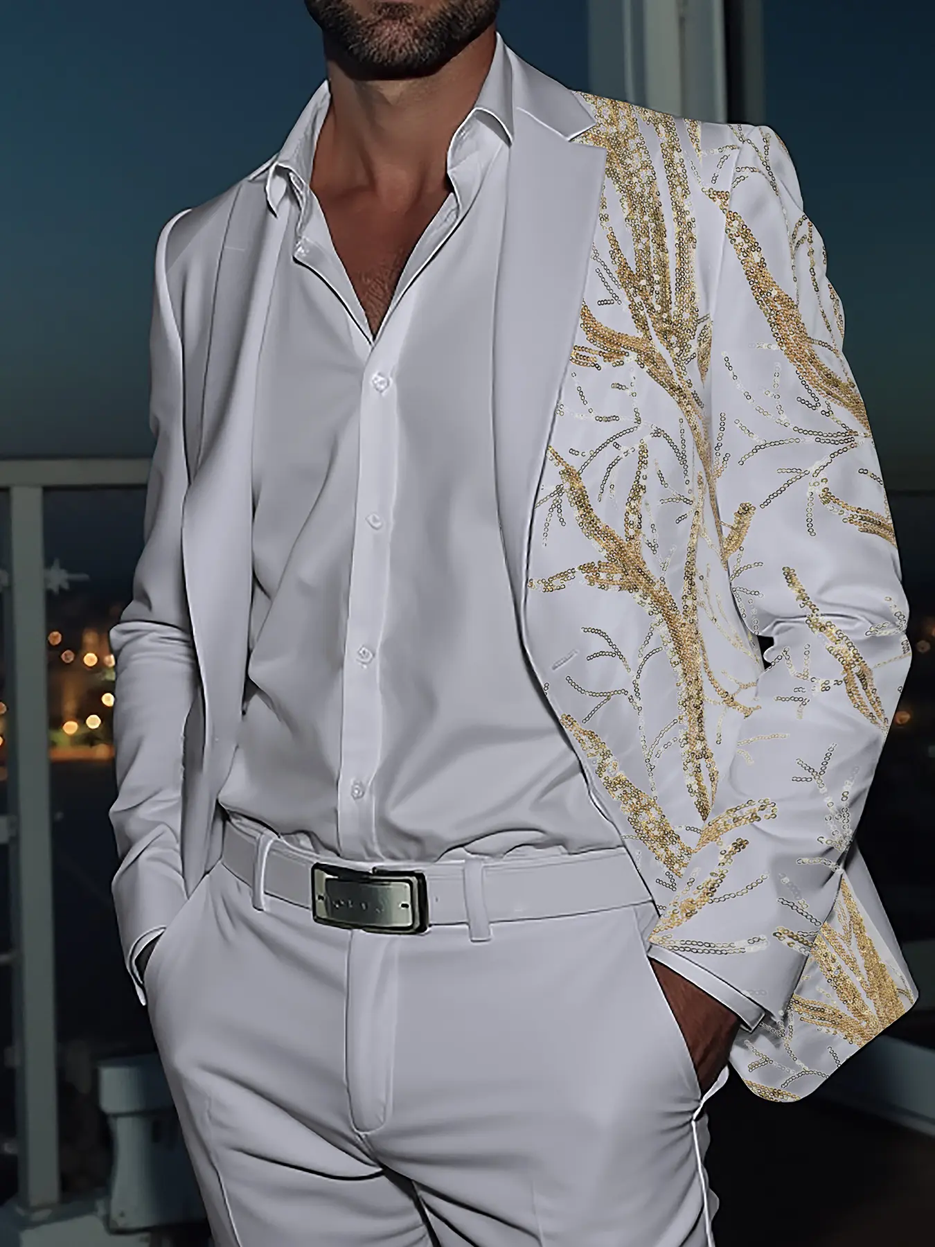 Men's Fitted Suit Jacket Long Sleeve, Sparkling Round Sequins Top, Wedding Evening Stage Performance Men's Formal Suit, Elegant Party