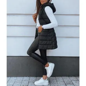 Women Long Vest Solid Color Sleeveless Hood Winter Puffer Vest Outwear Casual Womenswear Breathable Lightweight Outdoor Tops Fabric Summer Basic dry wetlook plain button front vest Tanktop Black