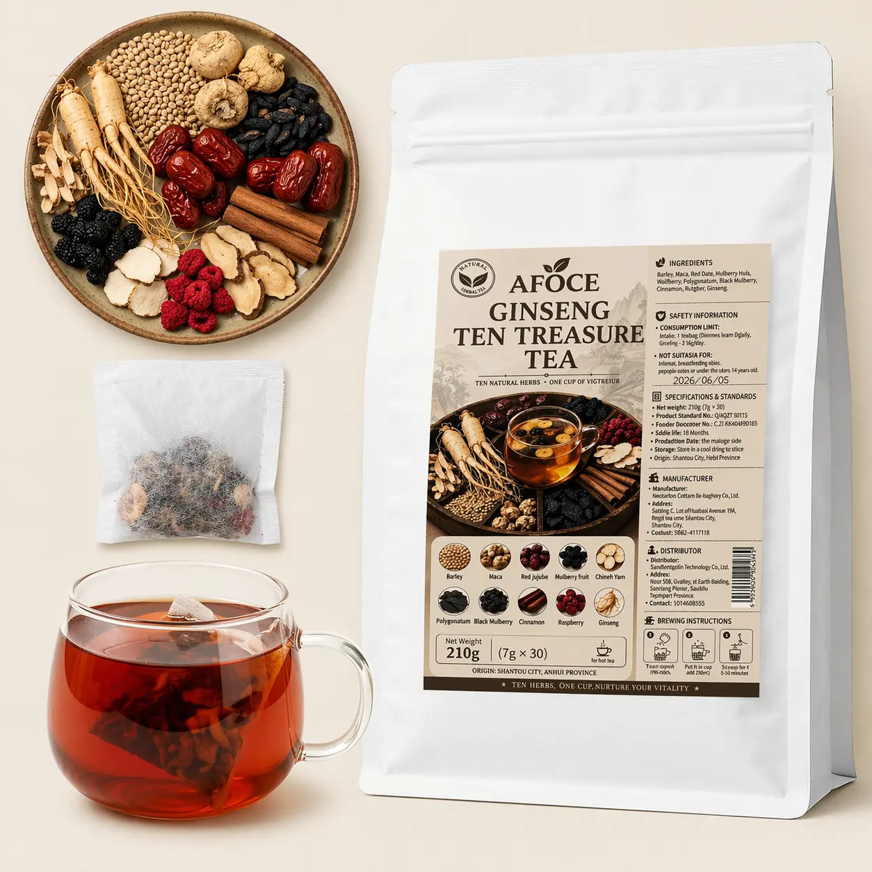 AFOCE Kidney Tea Formula for Men & Women, Ginseng 10-Treasure Herbal Tea, 10-Herb Blend with Maca, Goji Berry & Red Date, 30 Tea Bags