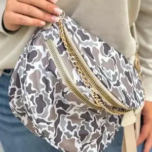 Western Camo Crossbody Bum Bag with Gold Chain Strap and Zipper Closure for Everyday Use