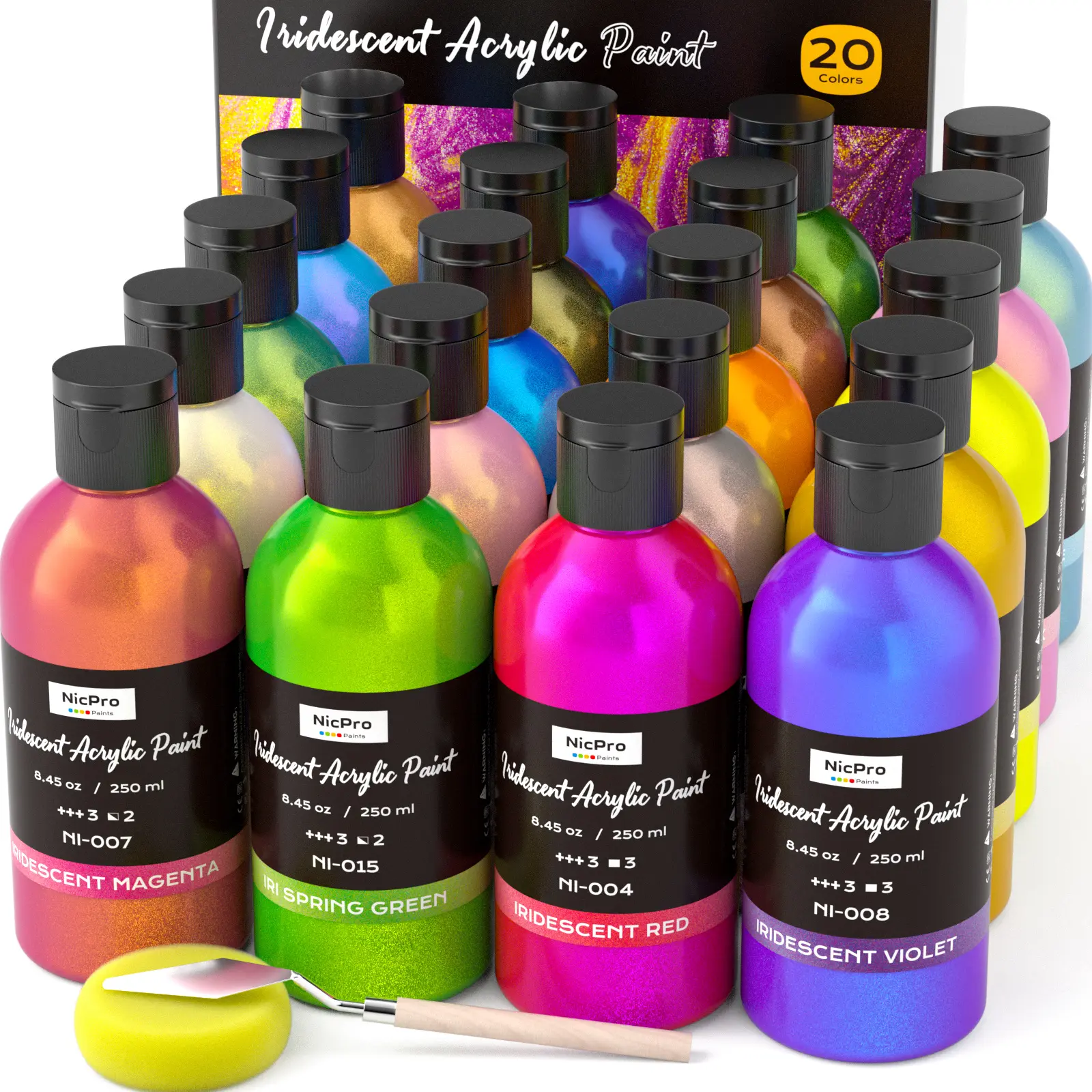 Nicpro 20 Colors Iridescent Acrylic Paint, 8.45oz / 250ml Large Bulk Metallic Acrylic Paint,Color Shifting & Non-Toxic Art Painting Supplies For Canvas Fabric Rock Wood with Paint Knife Color Wheel