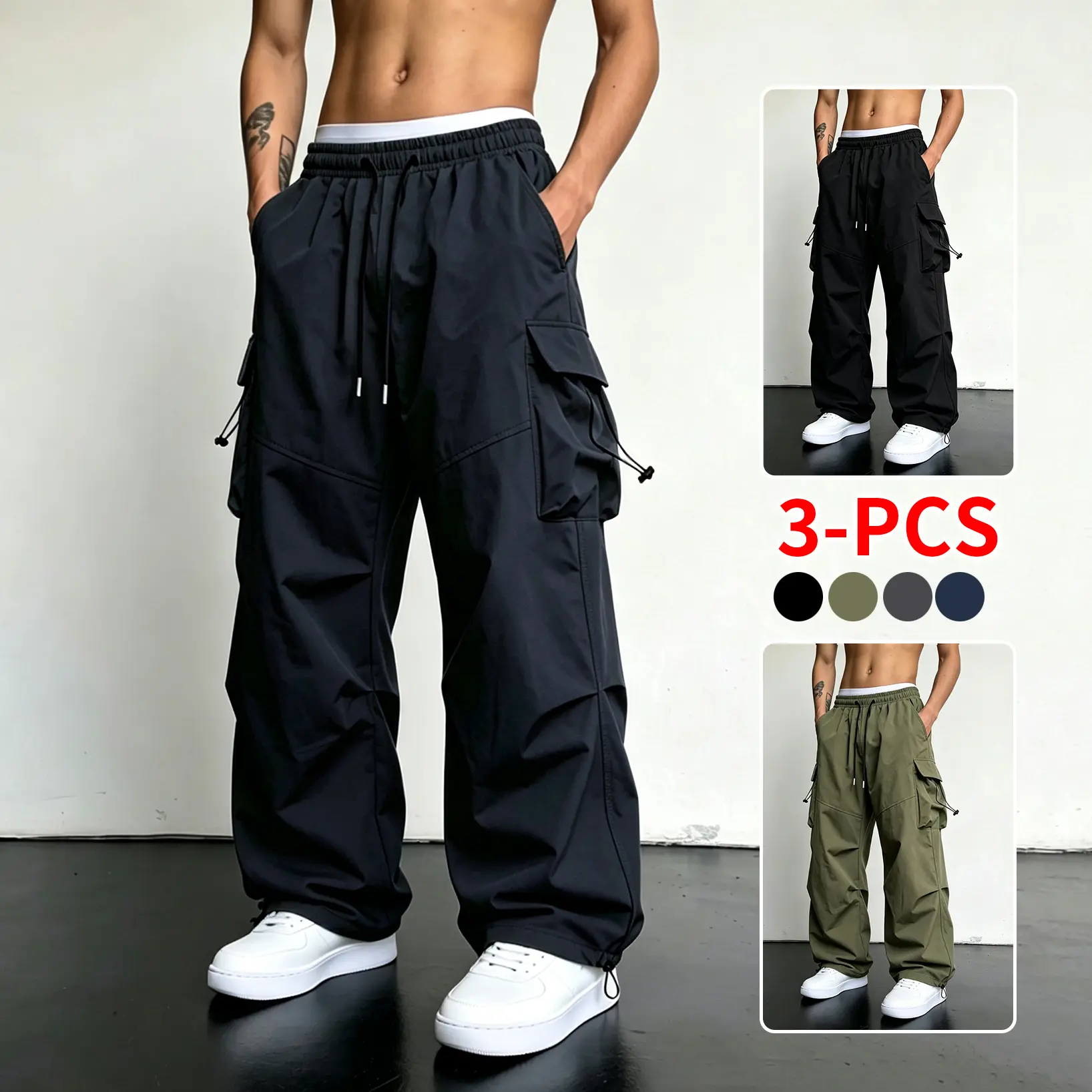 3-pcs men’s loose cargo pants, lightweight, smooth nylon fabric, wide-leg relaxed fit, drawstring cuffs, a popular streetwear item suitable for everyday wear, hiking, and hip-hop street style.