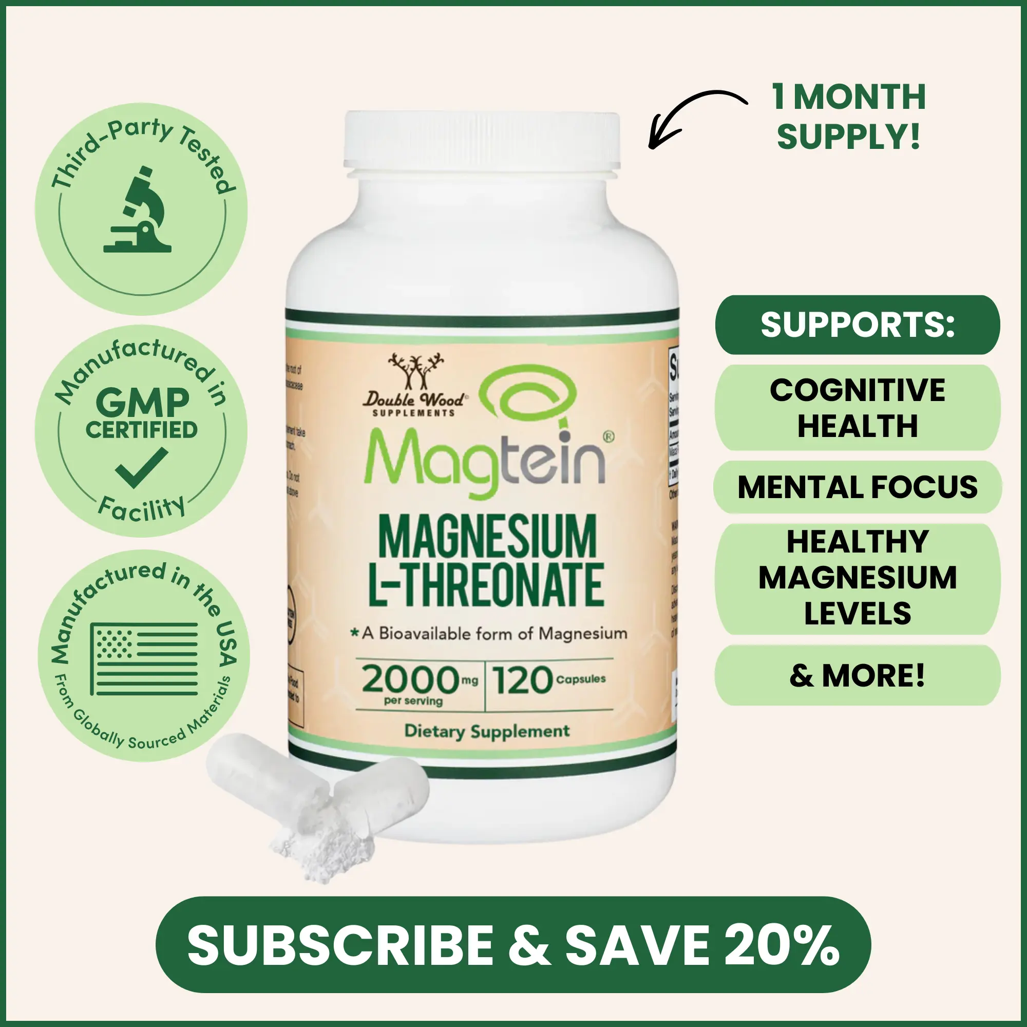 Magnesium L-Threonate (Magtein)  | 2000 mg | 120 Count | Crosses the blood-brain barrier | Healthy Cognitive Function | Double Wood Supplements