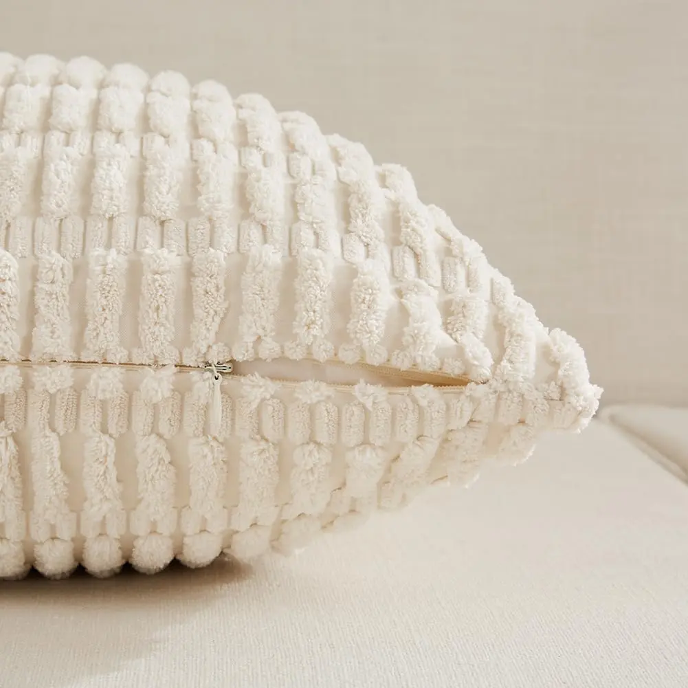 4 Packs Neutral Decorative Throw Pillow Covers 18x18 Inch for Living Room Couch Bed Sofa, Rustic Farmhouse Boho Home Decor, Soft Plush Striped Corduroy Square Cushion Case 45x45 cm