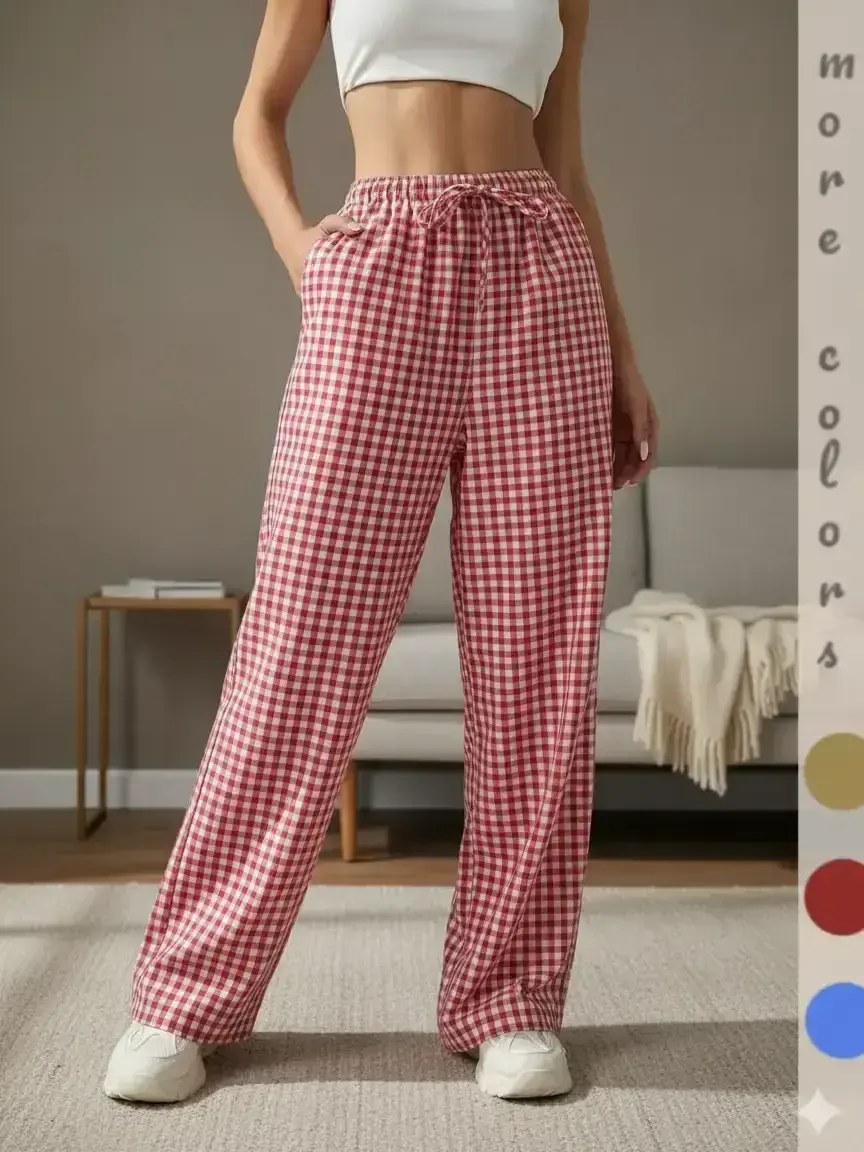Women's Comfortable Versatile Plaid Print Woven Loose Straight Leg Long Pants for Fall & Winter, Casual Fit Comfy Plaid Trousers, Casual Fitted Lounge Pant