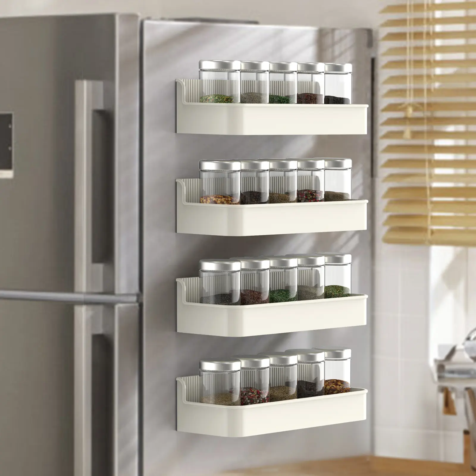 4-Pack Heavy-Duty Magnetic Fridge Side Racks, No-Drill Durable Kitchen Accessories, 8 Lbs Load Rustproof Perforated Drain Storage Bins for Refrigerator, Coffee Station, Washer-Dryer