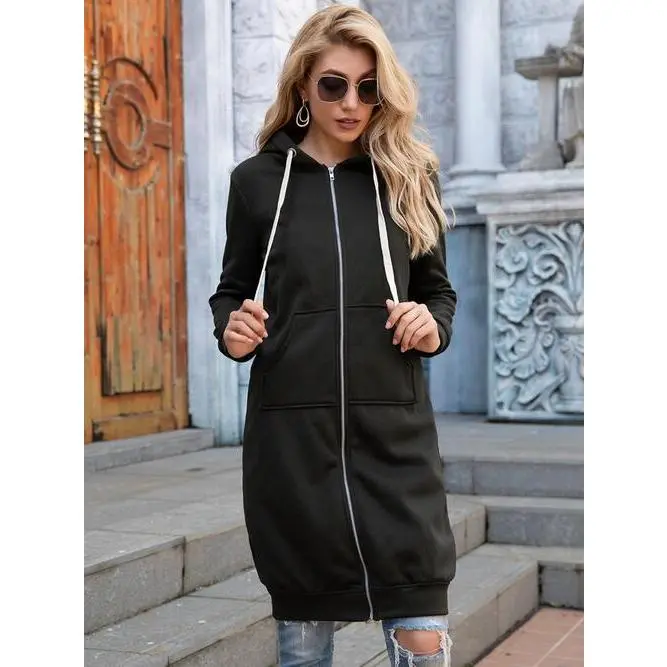 Double Take Full Size Zip-Up Longline Hoodie with Pockets Fit Fitted