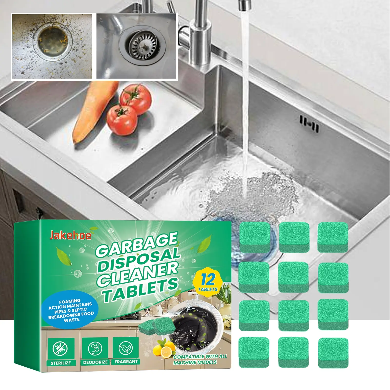 Garbage Disposer Freshener, Sink Disposal Odor Eliminator, Quick and Easy-to-Use, Lemon Scent, Household Plumbing Cleaner, Cleaning Tablets, Household Cleaning Products, 12 Tablets Total