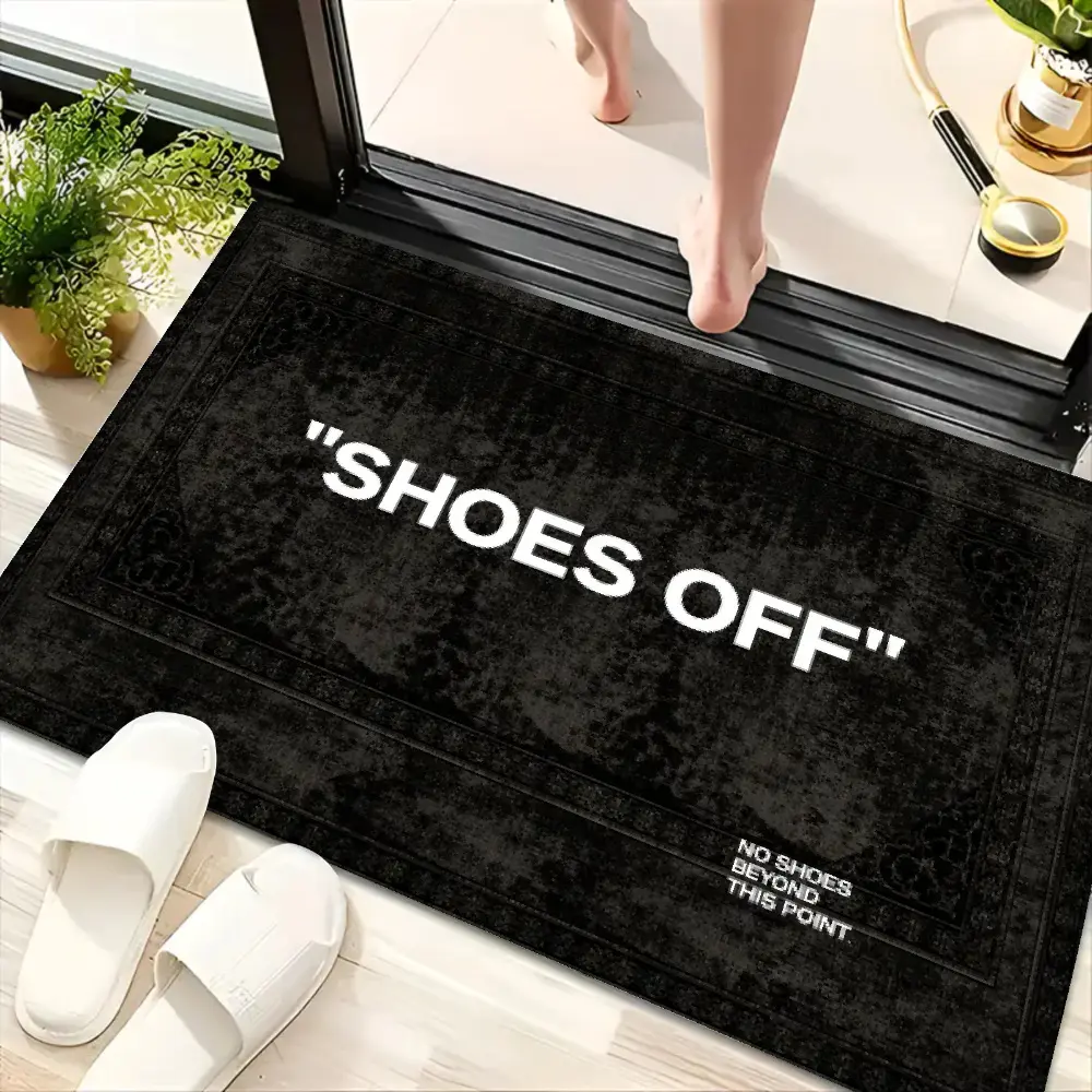 Funny "Shoes Off" Door Mat, Black Flannel Rug with Modern Letter Design, Soft Absorbent Non Slip Floor Mat for Entryway, Front Door, Bathroom, Bedroom, Kitchen & Home Decor, 16×24in / 20×31in / 24×36in