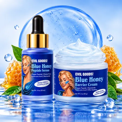 EVIL GOODS! Blue Honey Copper Peptide Facial Serum & Cream Bundle, Lightweight Daily Hydrating Set with Hyaluronic Acid for Radiant Skin, Moisturizer, Green Tea, Evening, Skin Repair, 24 Months, 30G, All Skin, Moisture, Naturally Derived Serums & Essences