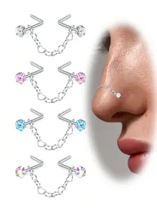 Fashion Stainless Steel Nose Ring with Chain, Cubic Zirconia Heart Design, Synthetic Zircon L-Shaped Piercing Jewelry, Chain Feature, Accessory