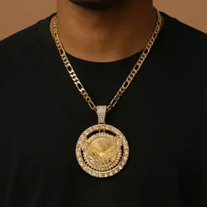 Figaro Chain with Medallion Eagle Centenary and Cubic Zirconia Gold Plated Mexican Style Necklace for Men