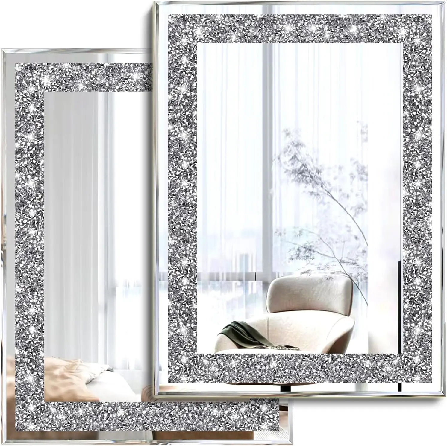 2 Piece Wall Mirrors, Crush Diamond Wall Décor Silver Decorative Mirrors for Living Room , Bedroom, Bathroom. (11”x15”) Hanging Set Crystal Circle