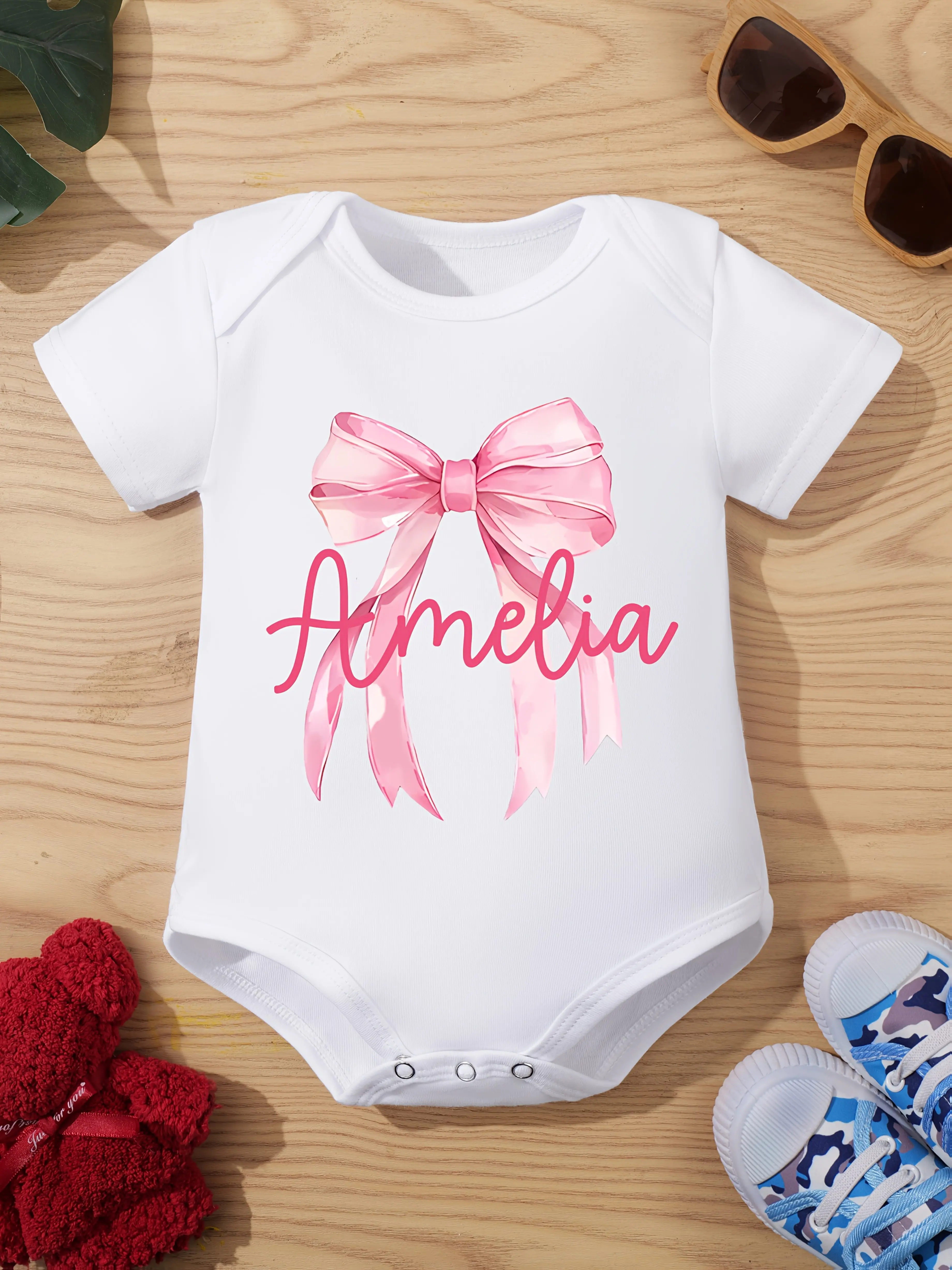 Personalized Baby Girls' Bodysuit with Custom Name, Short-Sleeve Cotton Crew Neck Letter Print & Pink Bow Graphic Infant Clothing, Letter Print Bodysuit, Baby Girls Clothing, Fitted, Soft Cotton, Name Custom, One-Piece