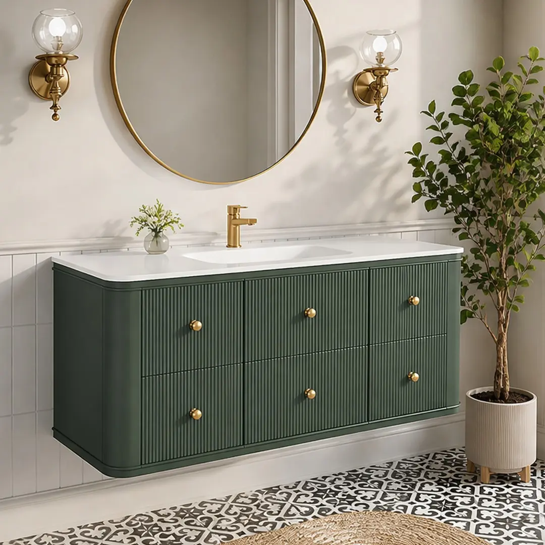 48 Inch Wall Mounted Floating Bathroom Vanity with Acrylic Sink, Antique Green Solid Wood & MDF Single Basin Cabinet, Soft-Close Dovetail Drawers, Gold & Silver Handles, Modern Bathroom Storage Furniture, Antique Green Color Options