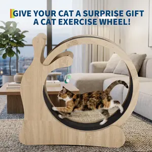 Large Cat Running Wheel, Cat Wheel for Indoor Cats 33.5/37.5" Inner Diameter Wood Pet Treadmill with Scratching Board and Playing Balls Quiet Cats Wheel Exerciser Grey