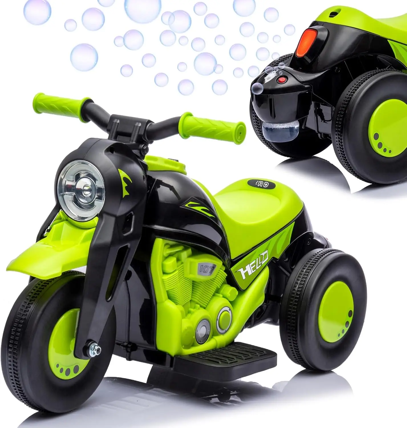 6V 3-Wheeler Ride-On Bubble Motorcycle Toy - Durable Design, Realistic Features (Bubble Maker, Lights, Music, Noises, Horn, Seat Belt, Hook), Sturdy Construction, Green Ride-On for 12+ Years, Birthday & Christmas Gifting