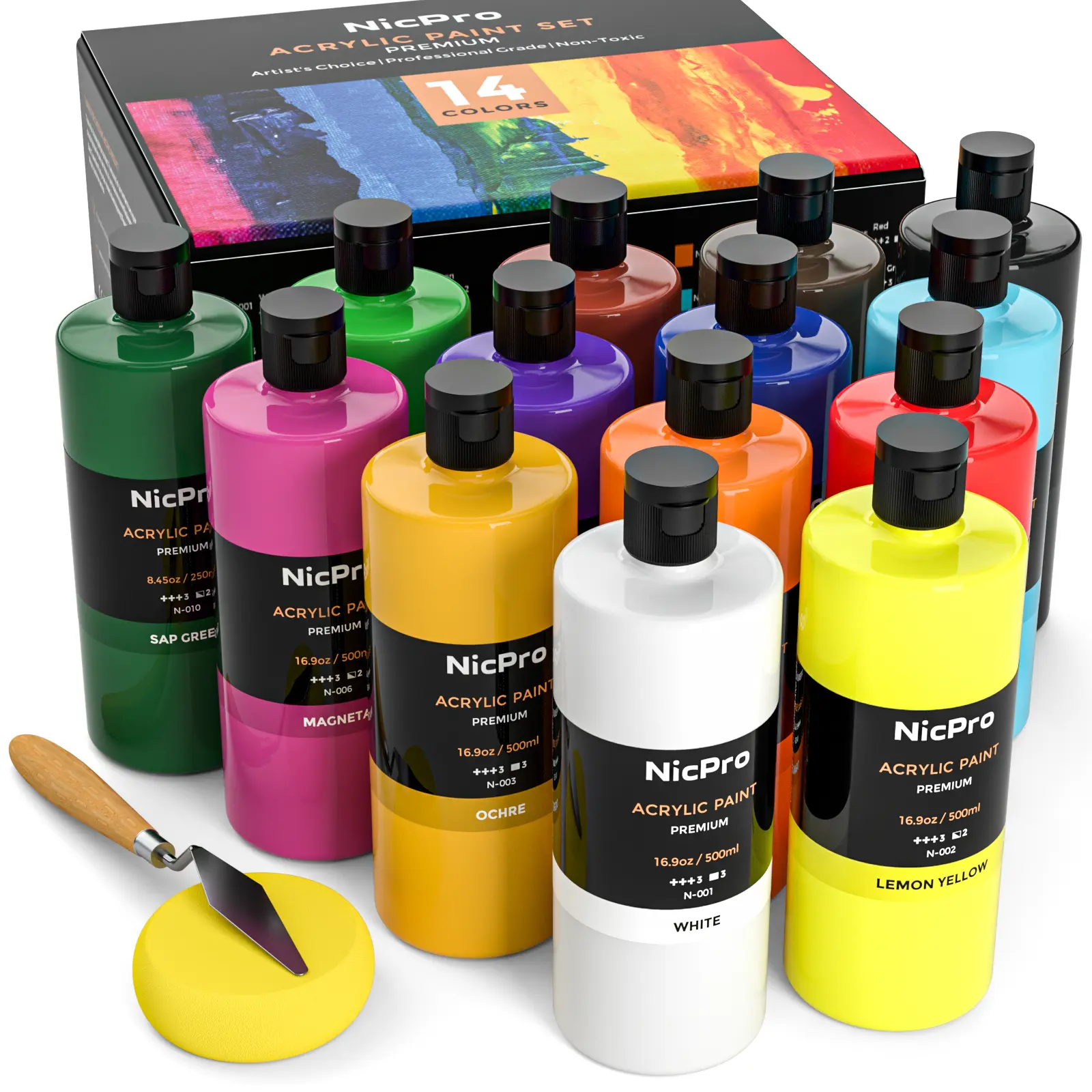 Nicpro Premium 14-Color Large Bulk Acrylic Paint Set (16.9 oz/500 ml) - Highly Pigmented, Consistent Shades, Good Coverage, Kid-Adult Safe, with Color Wheel, Artist Supplies Acrylic, Arts Crafts Supplies, DIY Art Design, Multipurpose (Canvas, Wood Use), C