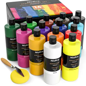 Nicpro 14 Colors Large Bulk Acrylic Paint Set (16.9 oz,500 ml) Rich Art Painting Supplies, for Multi Surface Canvas Wood Leather Fabric Stone Craft, for Kid & Adult with Color Wheel