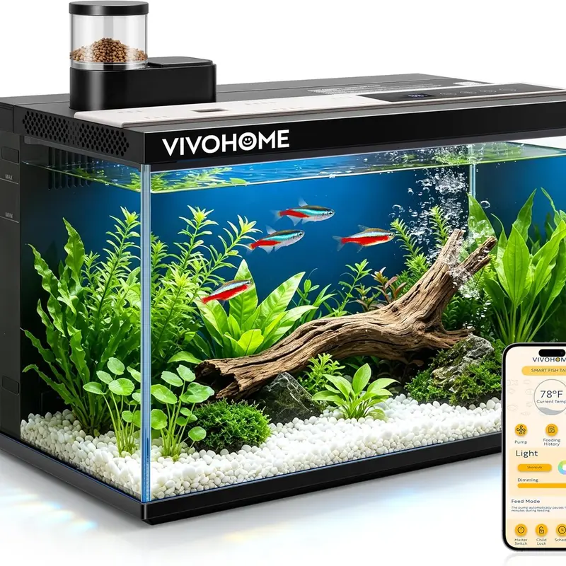VIVOHOME 5 Gallon Smart Fish Tank with APP Control, Aquarium Starter Kit with Auto Feeder, Temperature Display, RGB LED Light, Self Cleaning Betta Fish Tank for Desktop