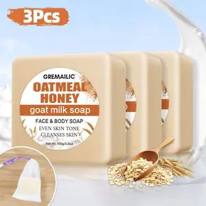 3Pcs-Oatmeal Honey Goat Milk Soap, Goat Milk Soap, Oatmeal Soap, Contains Oats And Goat Milk, For Face And Body, Moisturizing And Gentle Cleansing, Equipped With Bubble Net, Create Abundant Bubbles, Soap Bars Suitable For All Skin Types