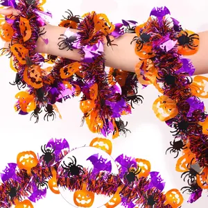 33FT Halloween Tinsel Garland with Orange Pumpkin Purple Bat Black Spider Ornaments, Metallic Streamers Halloween Garland Party Decorations for Home Classroom Window Door Table Decor Indoor Outdoor