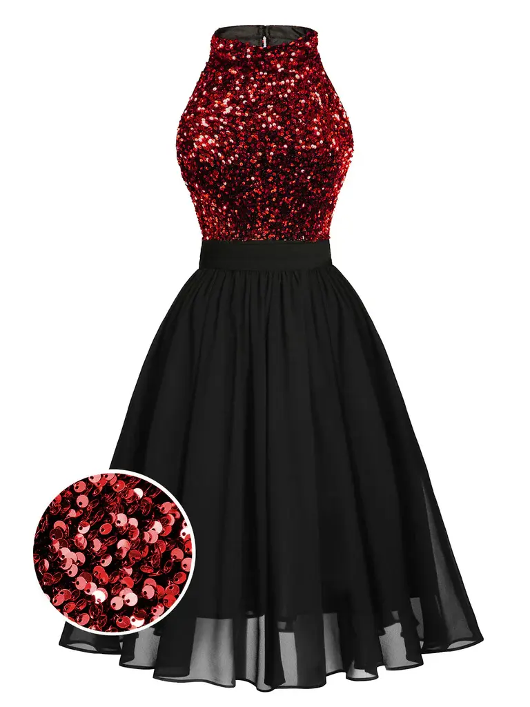 RETRO STAGE Women's 50s Vintage Colorblock Swing Dress - Red Sequin Bodice, Gold Glitter, Knee-Length Formal Festival & 50s Style Party Wear, Festival Wear, 50S Style Party Dresses