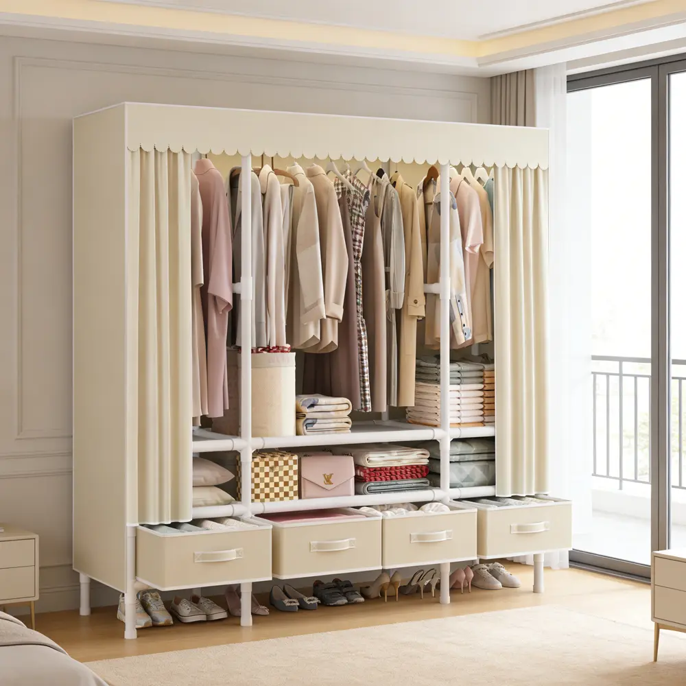Glam Metal-Fabric Wardrobe with Scalloped Trim, Fully Enclosed Blackout Dustproof Design, Reinforced Steel Frame, Dual Hanging Rods, 4 Large-Capacity Drawers, Multi-Tier Storage Shelves, Tool-Free Quick Assembly, Available in Rice Black & 2 Other Colors