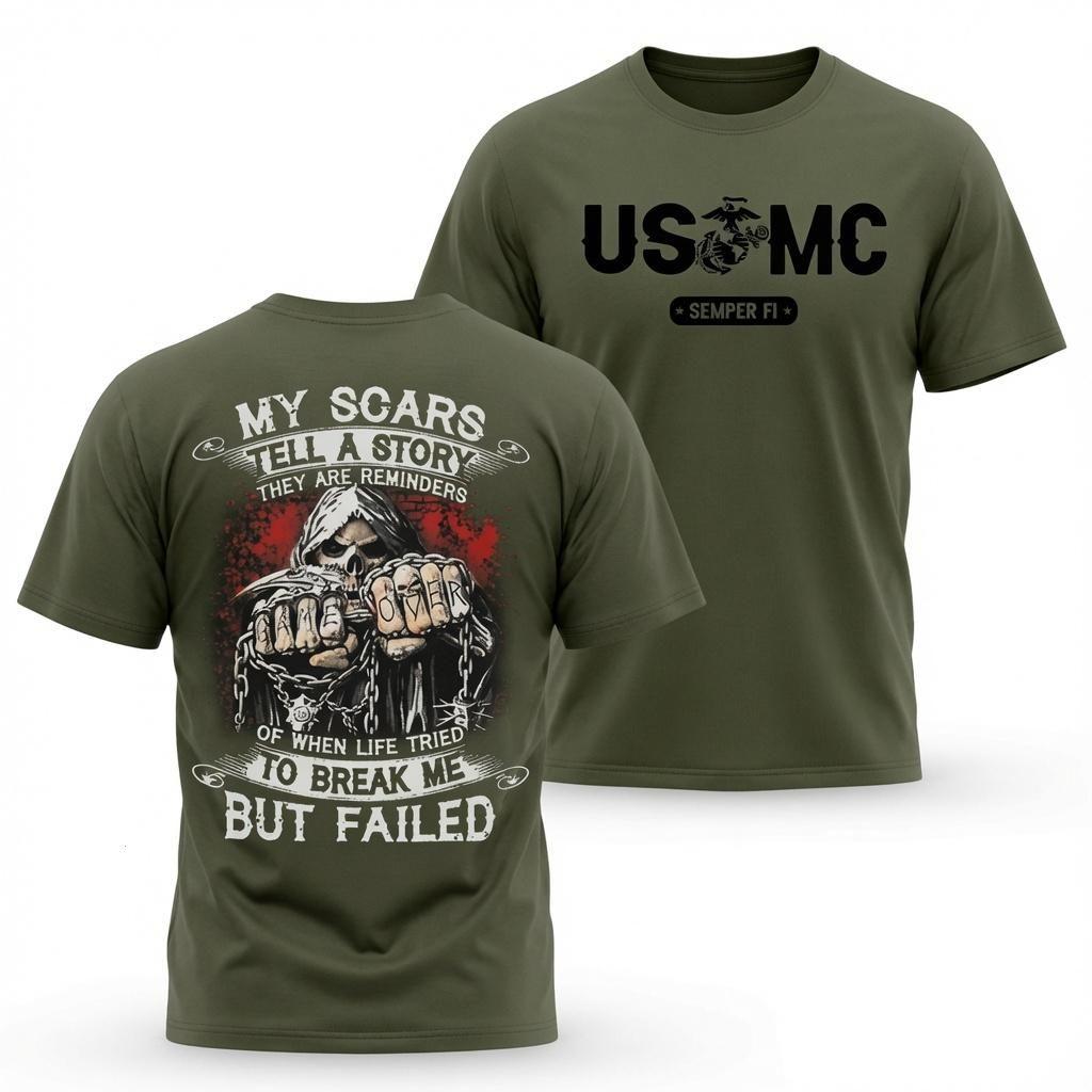 Men’s Shortsleeve USMC Print T-Shirt – Apparel, Menswear, Plain Breathable Fabric, “My Scars Tell A Story” Design