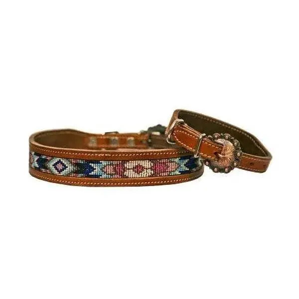 Leather dog collar features a medium leather with turquoise, pink and purple beaded inlay Leather dog collar features a medium leather with turquoise, pink and purple beaded inlay