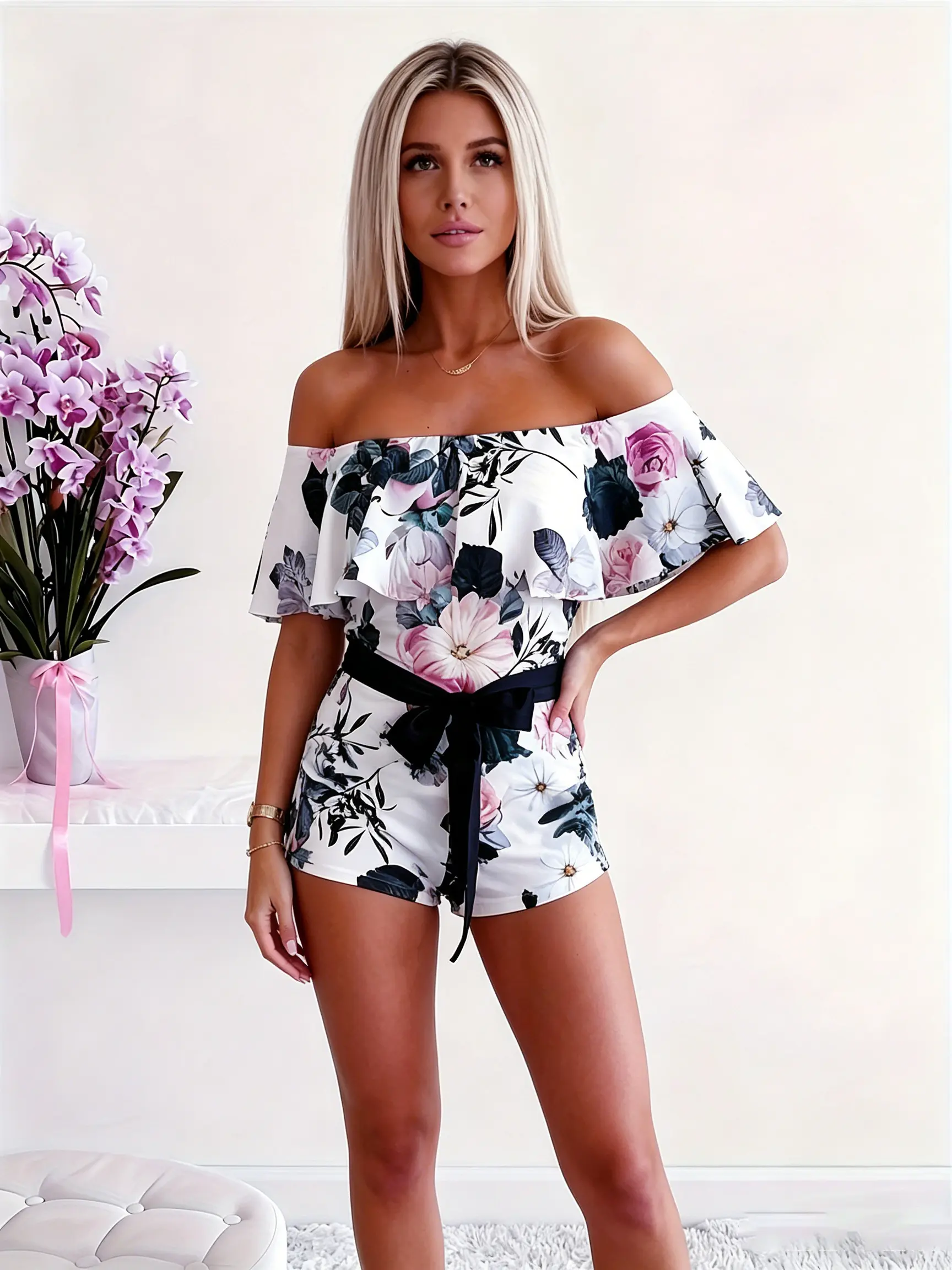 Women's Floral Print Polyester Romper, Elegant Off Shoulder Playsuit with Ruffle Sleeves and Belt for Summer Holiday, Rompers For Women, Casual, Knit, Belted, One-Piece Romper Overalls, Fashion Chic Style