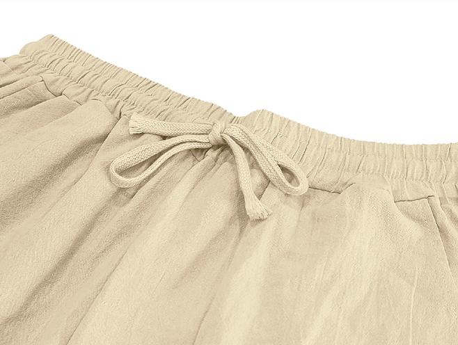 Men’s solid-color versatile drawstring casual pants, loose and breathable summer beach pants with pockets for vacations, comfortable cotton-linen fabric, cool and refreshing.