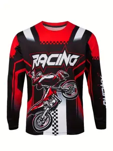 Men's Motorcycle Racing Long Sleeve Shirt - MTB Jersey with Red Racing Graphic, All-Season Motocross Top for Mountain Biking, Motocross - Motocross Gear, Outdoor Sports Apparel, Sporty Casual Wear, Cyclist Jersey, Jersey Tops