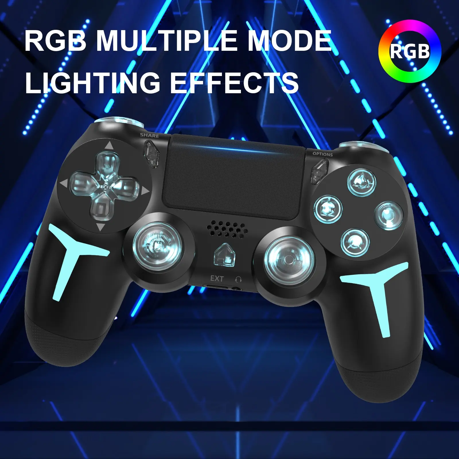 Wireless Game Controller with Three-Color Lights, Compatible with Ps4 Ps3 PC, RGB LED Bluetooth-compatible, Six-Axis Gyroscope, Dual Vibration Feedback, Multiplatform Game Controller