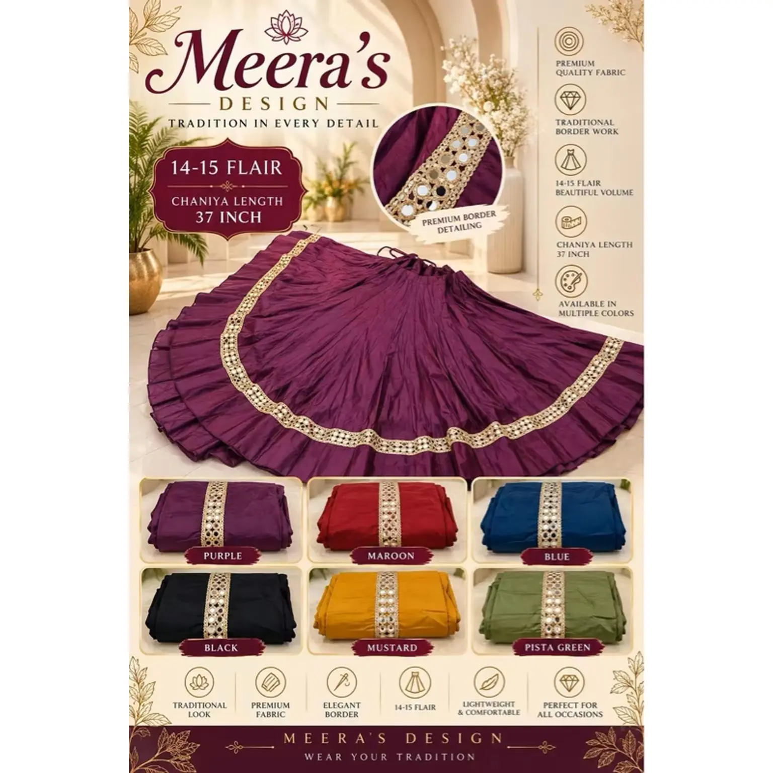 Meera's Design Mustard Yellow Navy Blue Pista with Real Mirror Border Red Without Mirror 37 Inch Chaniya Length