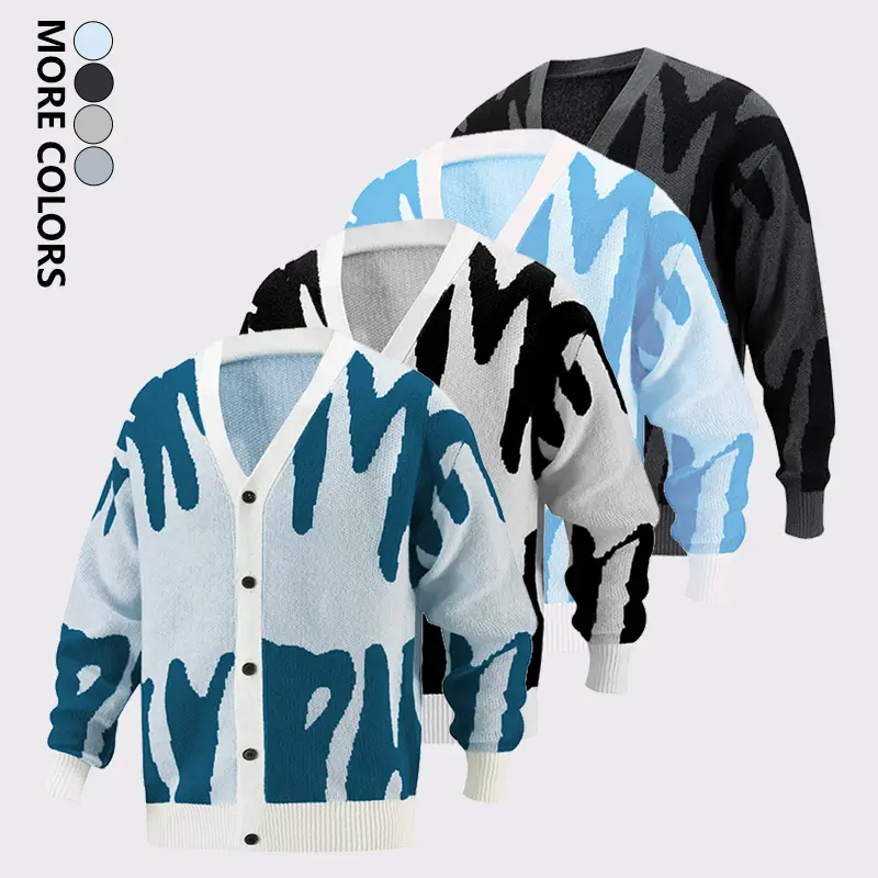 Men's Casual V-Neck Knit Cardigan, Long Sleeve Button-Up with Letter Graphic, Soft Durable Sweater Essential for Spring/Fall Office & Daily Wear