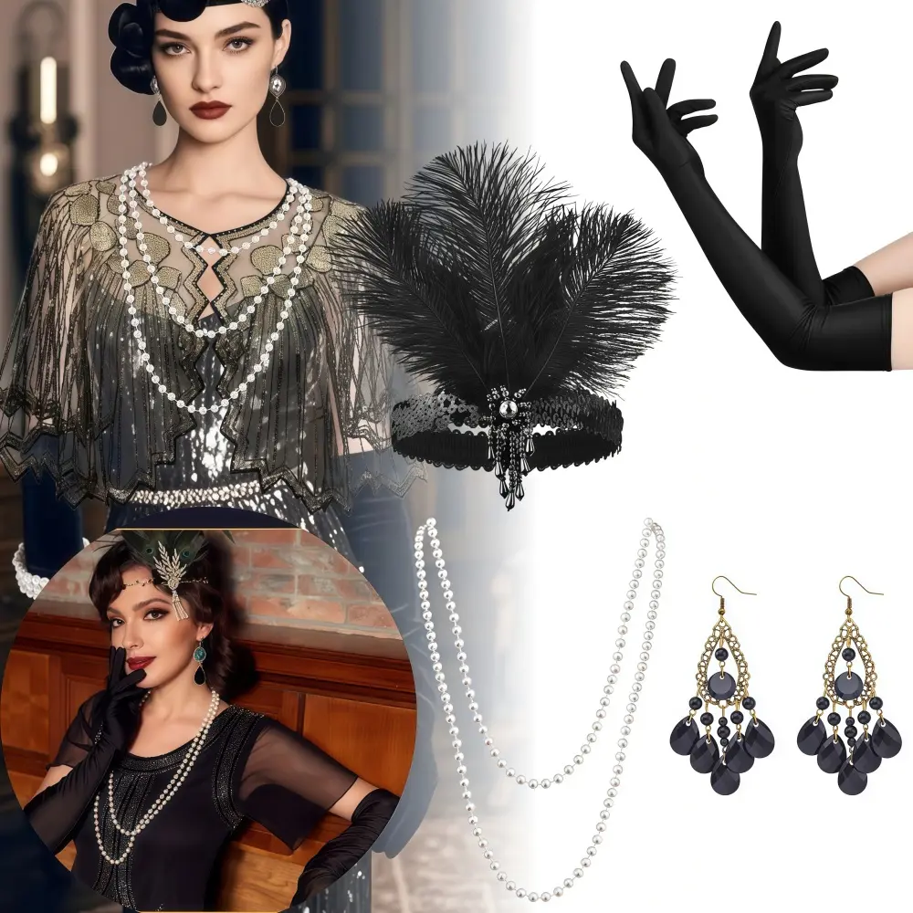 1920s Flapper Fashion Jewelry Set for Women, 4-Piece Vintage Costume Accessories with Rhinestone Headband, Long Black Satin Gloves, Pearl Necklace & Earrings
