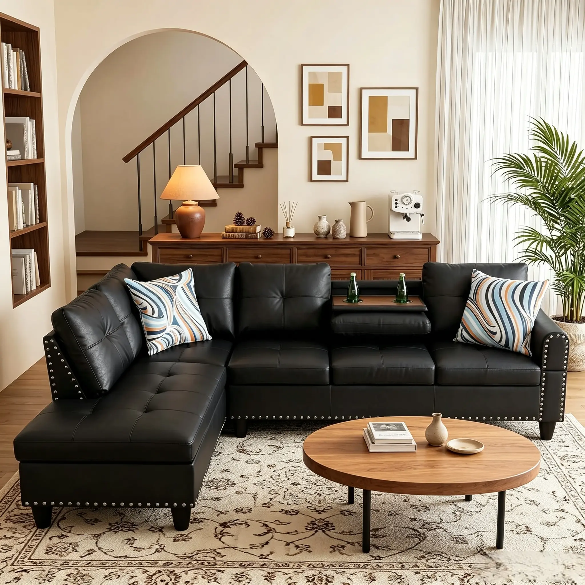 L-Shaped Sectional Sofa, Modern 4-Seat Couch with Built-in Cup Holders, Leather Sectional Couch with Right Facing Chaise for Living Room, Apartment, Office