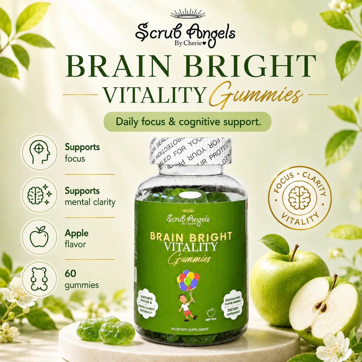 Scrub Angels - Brain Bright Vitality Gummies with Lions Mane and Broccoli Sprout Extract