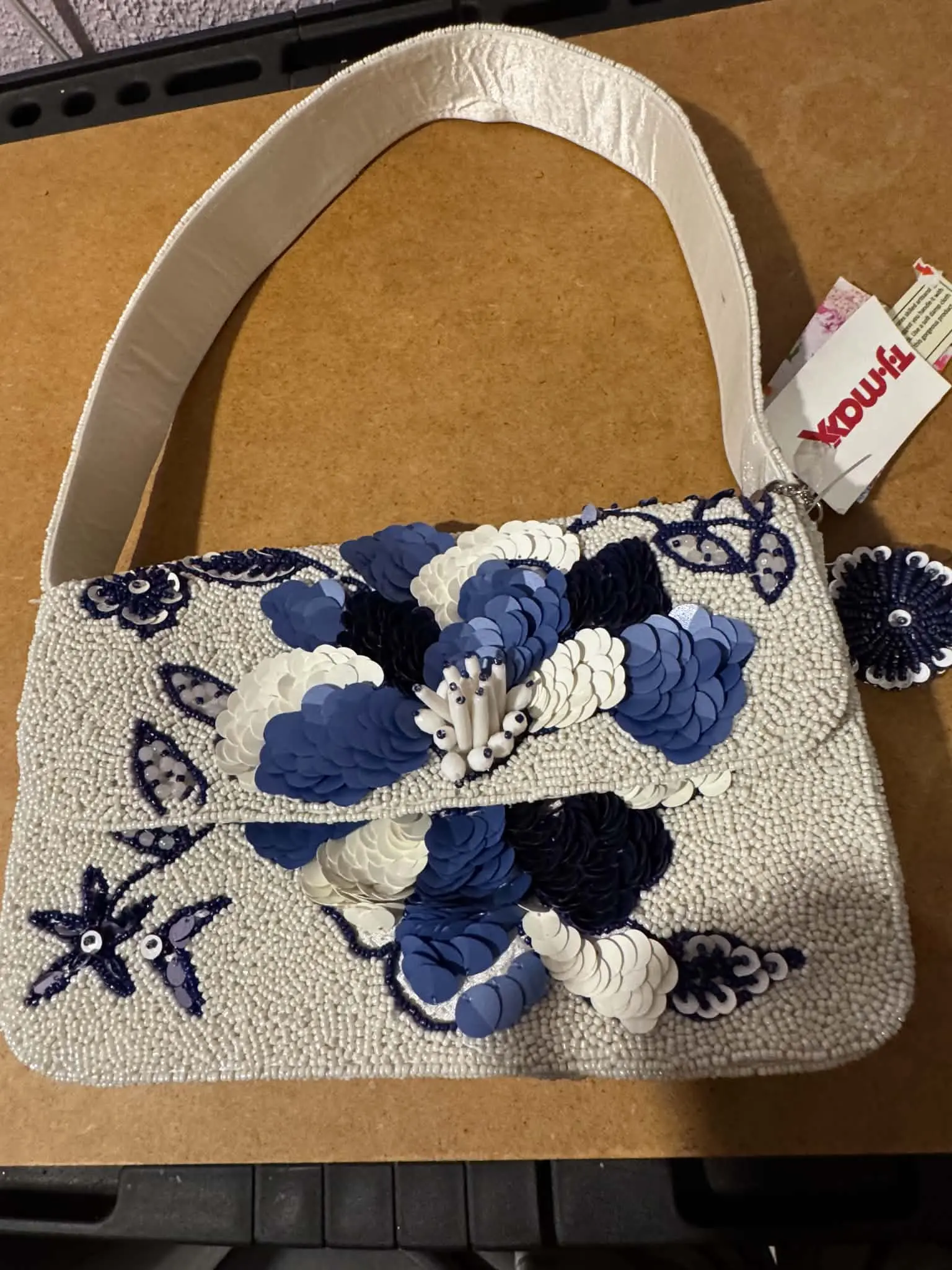 Elegant Floral Beaded Handbag with Blue and White Sequins and Starfish Design