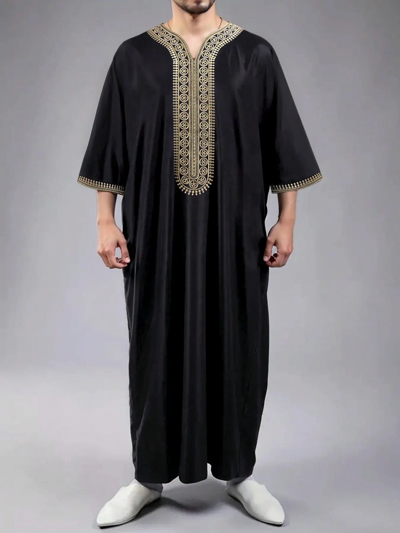 Islamic Moroccan Men's Long Robe, Islamic Thobe, Traditional Fasting Festival Clothing, V-Neck Embroidered Kaftan for All Seasons