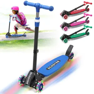 Kids Kick Scooter, 3-Wheel LED Light-Up Wheels, 3-Height Adjustable Handlebar, Lean-to-Steer, Extra Wide Anti-Slip Deck, Foldable, PU Wheels, Rear Brake, for Toddler & Kids Ages 3-12, Up to 170 lbs