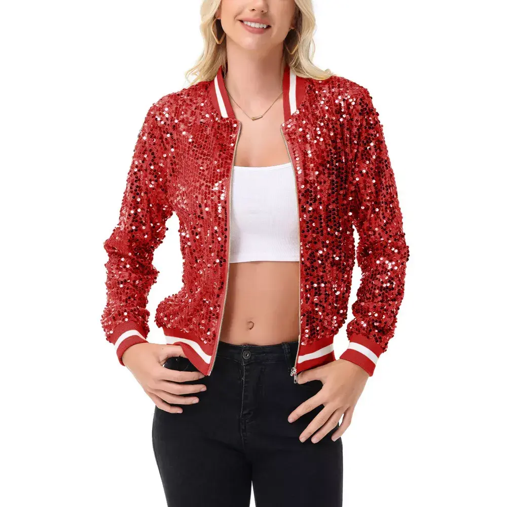Anna-Kaci Women's Sequin Bomber Jacket with Ribbed Trim and Front Zipper Closure - X Large Red