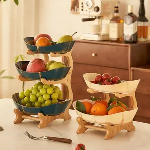 Kitchen Counter 3 Layer Fruit Bowl Set, Plastic Basket with Bamboo Rack, & Tiered Storage Organizer for Kitchen Countertop, Display Risers Stand