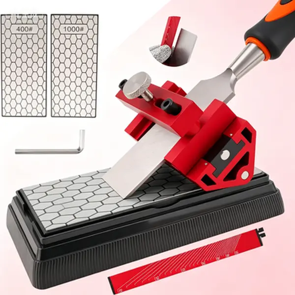 Professional Sharpening System with Honing Guide & Dual-Grit Diamond Stone, Woodworking Tool Sharpener for Chisels and Plane Irons, Adjustable Angle Jig, Non-Slip Base and Storage Bag
