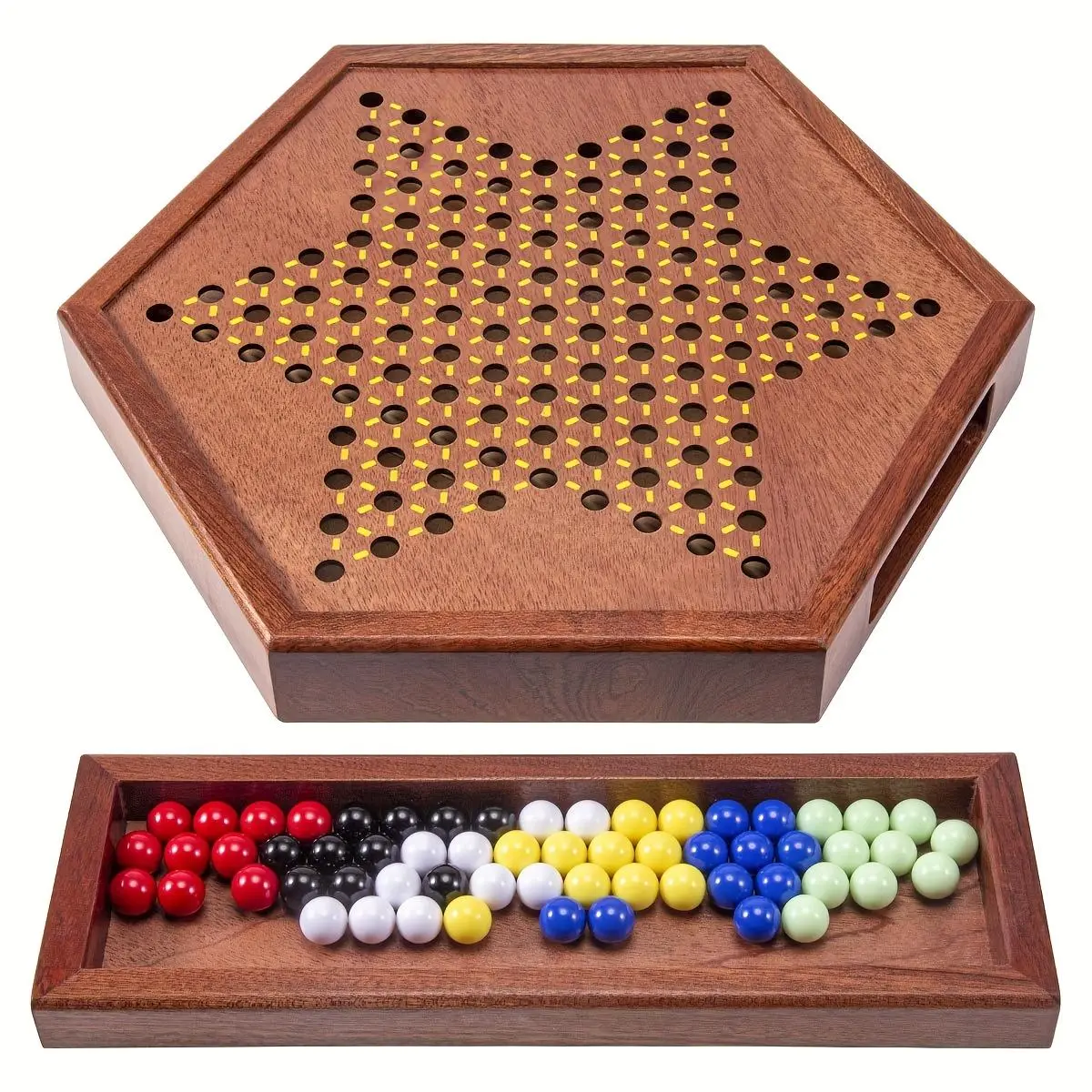 Luxury Wooden Chinese Checkers Set, Strategy Board Games, Family Game, 12.5 Inch Hexagonal Board with Storage Drawer, Includes 60 Acrylic Marble Pieces & 12 Backup Pieces