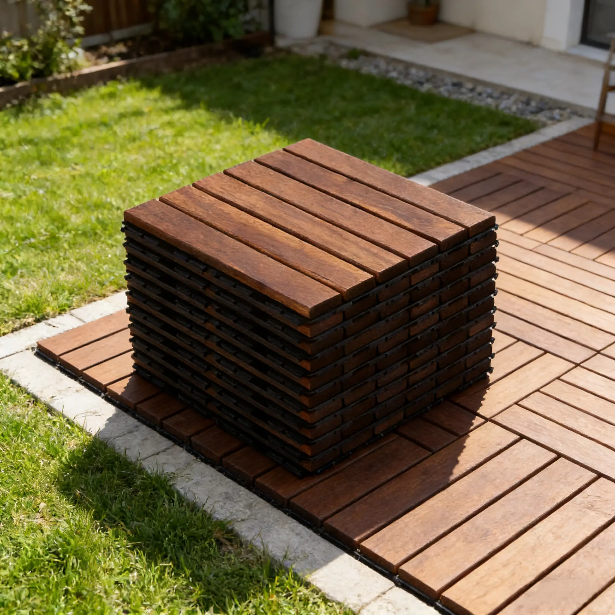 Garwarm 10-Piece Set of Interlocking Deck Tiles with Striped Pattern, 12" x 12" Square Solid Wood Outdoor Flooring for Patios, Balconies and Pool Areas sohochic