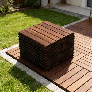 Garwarm 10-Piece Set of Interlocking Deck Tiles with Striped Pattern, 12" x 12" Square Solid Wood Outdoor Flooring for Patios, Balconies and Pool Areas
