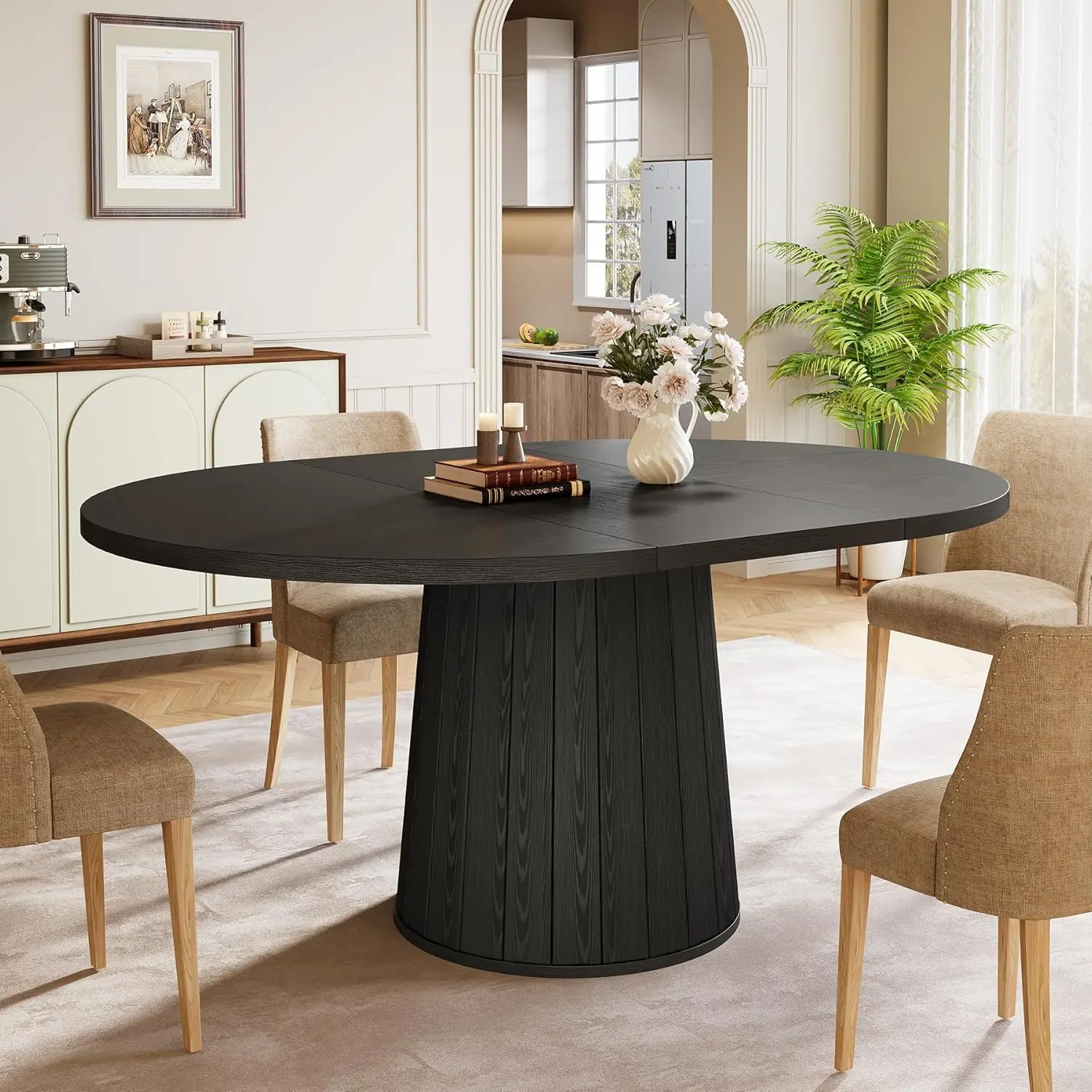 LITTLE TREE Oval Dining Table for 6 People, 55.11-Inch Farmhouse Kitchen Dinner Table with Cylindrical Pedestal